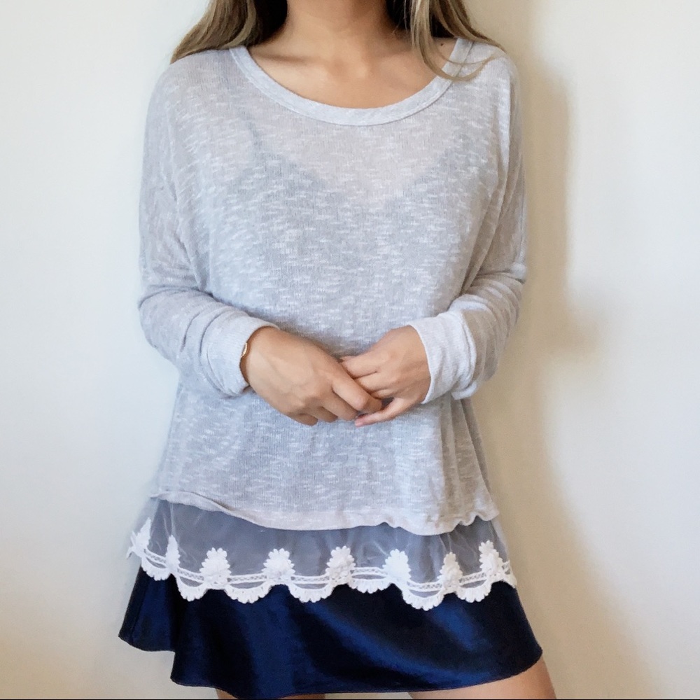 Paper Crane grey long sleeve with lace accent
